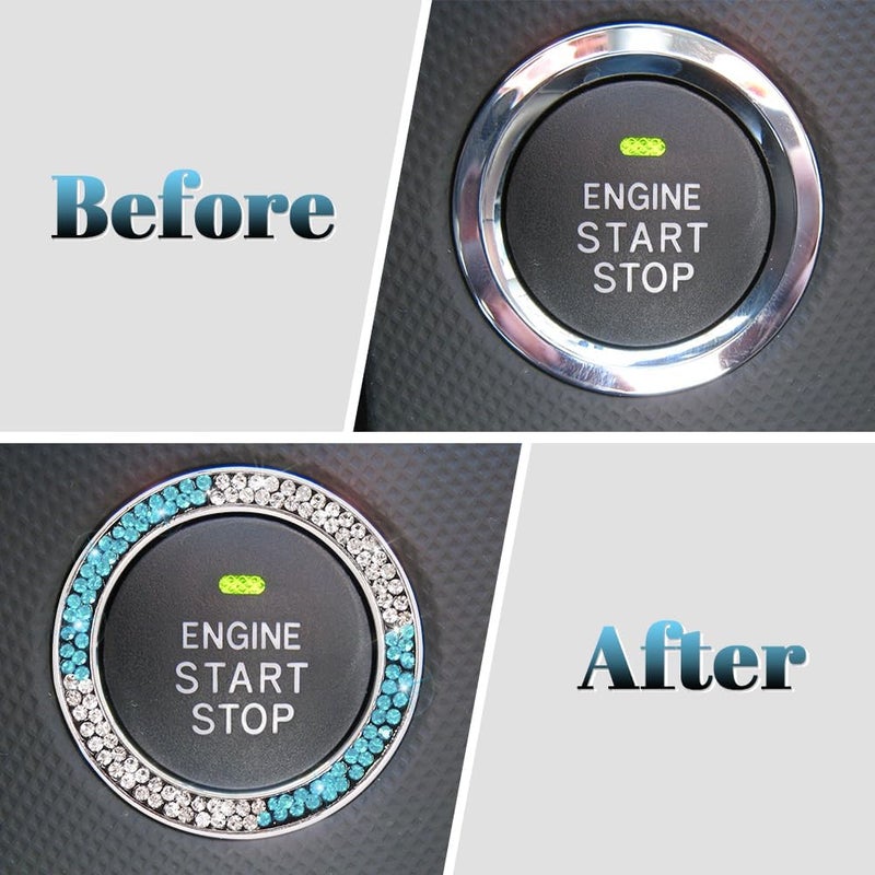 ToBeQueen Teal Bling Push Start Button Cover Emblem Sticker, Crystal Diamond Rhinestone Blue Engine Start Ring Car Decor, White and Teal Bling Car Accessories for Women,Lake Blue - Image 2